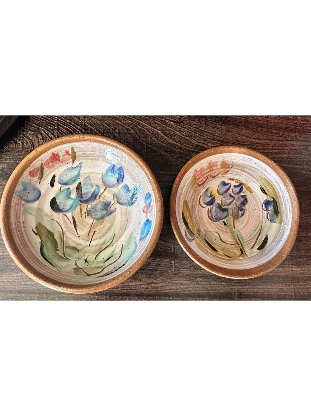 Signed Handmade Ceramic Bowls Set of 2 Blue Floral Pottery Stoneware Dinnerware